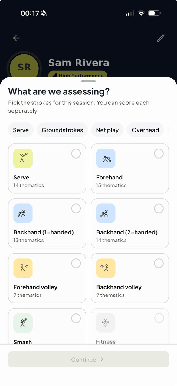 Assessment screen: choosing which strokes to score in the session, each with its number of thematics