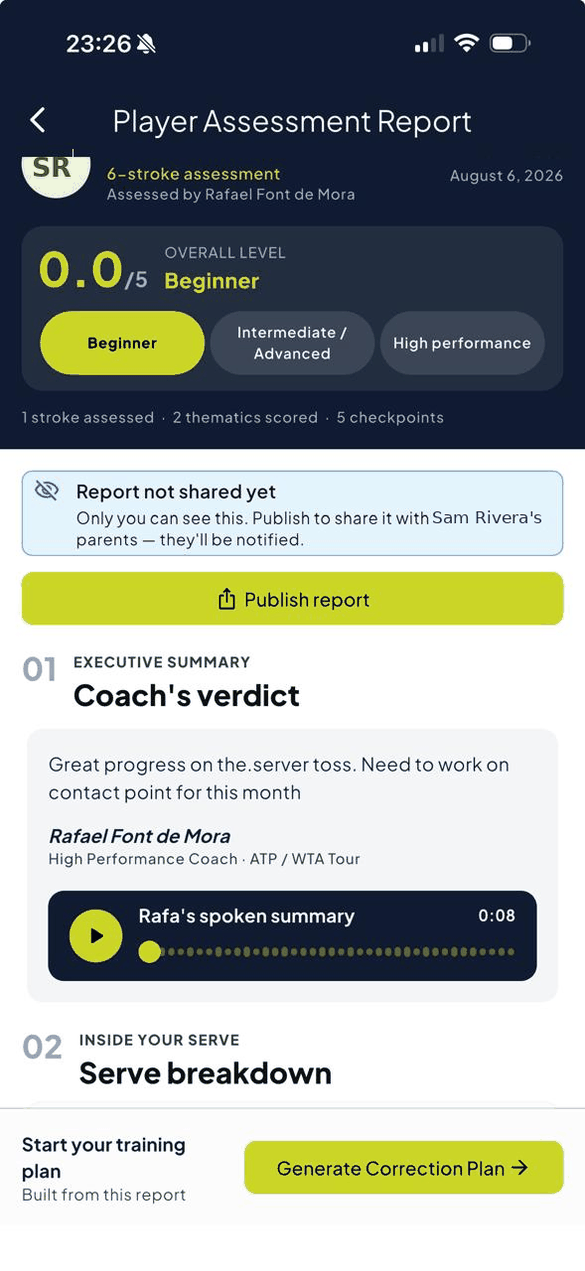Assessment report screen: coach verdict and correction plan