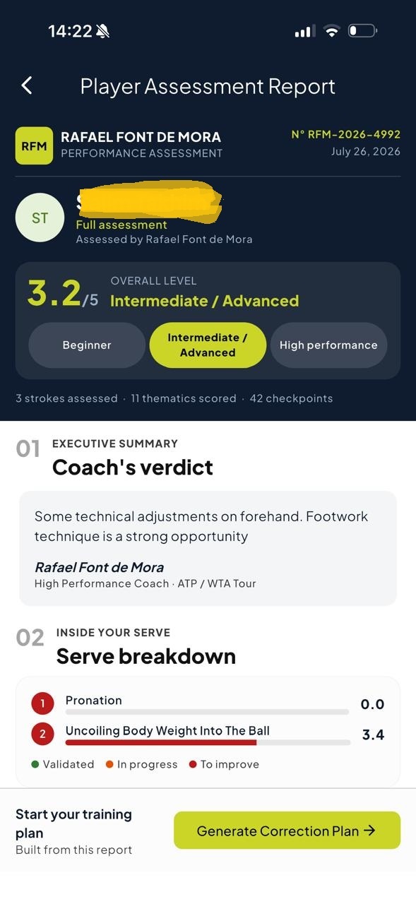 iTUSA app — player assessment profile screen