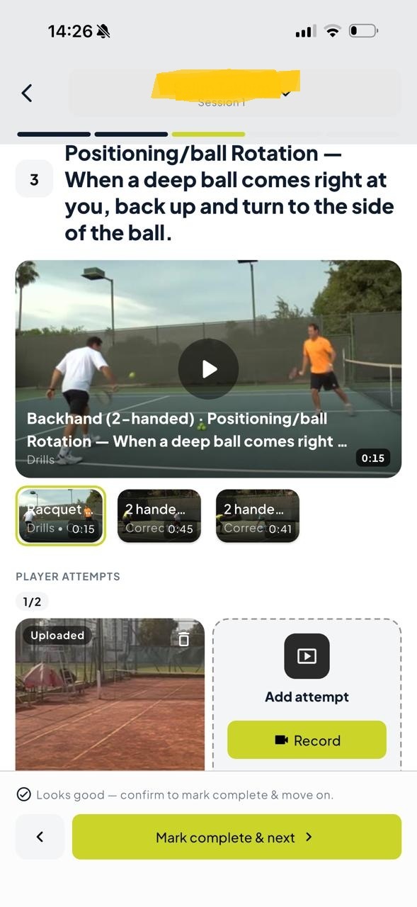 iTUSA app — on-court session log screen