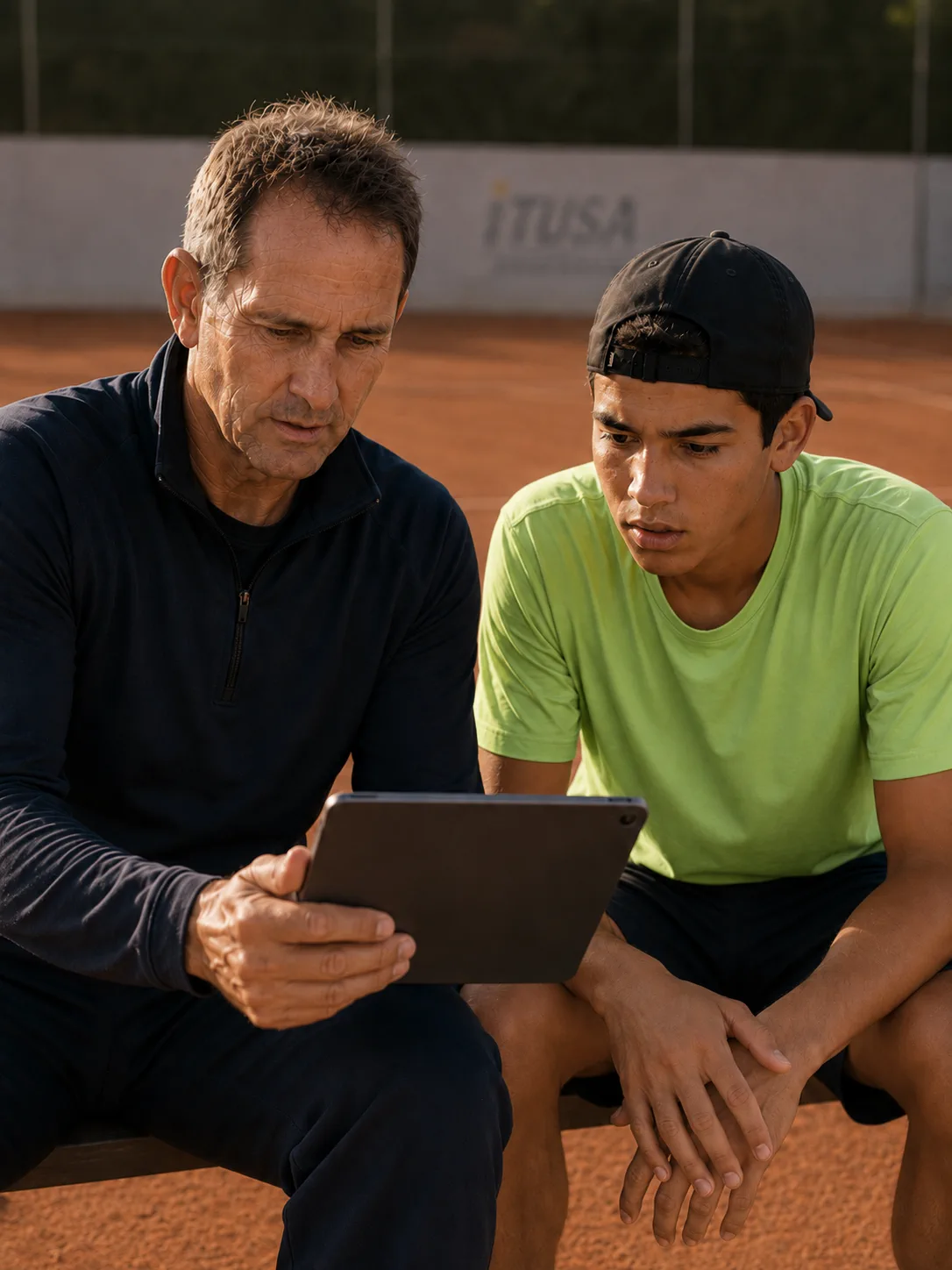 Placeholder — coach and player at video analysis screen, awaiting professional photography